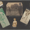 Scrapbook page of snapshots of George Brashear, friends of Brashear identified as Teddy, Manuel, Leon and Betty, a group of young women, and a news clipping of a sports article reporting the Whittier State football team's 46 to 0 victory over Santa Barbara High School, circa 1913