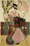 The oiran Yushio of Ogiya walking beneath a blossoming cherry tree