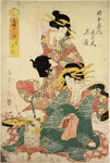 The oiran Chodaya and Hanafusa of Okamotoya arranging plum blossoms in a bronze vase.  (Minokoku - the Hour of the Snake)