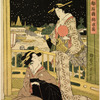 Two women on the balcony of a tea house on the bank of the Sumida River at night