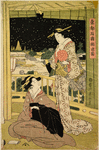 Two women on the balcony of a tea house on the bank of the Sumida River at night