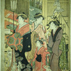 The good and evil influences.  Street scene is Yoshiwara - in the foreground an evil influence threatens one of the good ones with a stick