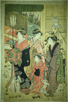 The good and evil influences.  Street scene is Yoshiwara - in the foreground an evil influence threatens one of the good ones with a stick