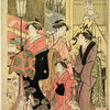 The good and evil influences.  Street scene is Yoshiwara - in the foreground an evil influence threatens one of the good ones with a stick