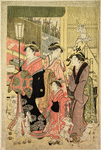 The good and evil influences.  Street scene is Yoshiwara - in the foreground an evil influence threatens one of the good ones with a stick