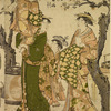 The oiran Utahime of Matsubaya and Shezen of Choshiya with their kamuro and other women viewing the cherry trees in bloom