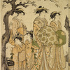 The oiran Utahime of Matsubaya and Shezen of Choshiya with their kamuro and other women viewing the cherry trees in bloom