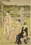 A holiday group in the country in summer.  A sign post indicates that the place is near the village of Oshikama