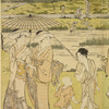 A holiday group in the country in summer.  A sign post indicates that the place is near the village of Oshikama