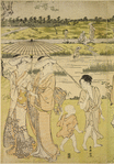 A holiday group in the country in summer.  A sign post indicates that the place is near the village of Oshikama