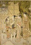 Women caught in a shower while crossing a bridge