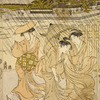 Women caught in a shower while crossing a bridge