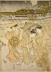 Women caught in a shower while crossing a bridge