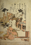 The oiran Adzumaya and Kokonoye and attendants in the house called Matsukaneya