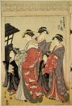 The oiran Takigawa of Tamaya and Shiratsuyu of Wakanaya with their kamuro  parading in Nakano cho
