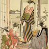 A party of merrymakers at a tea-house at Fukagawa on the bank of the river Sumida