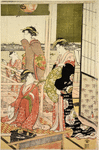 A party of merrymakers at a tea-house at Fukagawa on the bank of the river Sumida