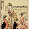 A party of merrymakers at a tea-house at Fukagawa on the bank of the river Sumida