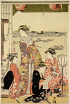 A party of merrymakers at a tea-house at Fukagawa on the bank of the river Sumida