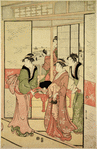 Group of women and a young man in a tea-house overlooking Edo Bay