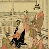 Group of women and a young man in a tea-house overlooking Edo Bay