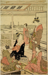 Group of women and a young man in a tea-house overlooking Edo Bay