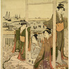 Group of women and a young man in a tea-house overlooking Edo Bay