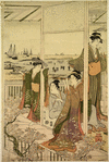 Group of women and a young man in a tea-house overlooking Edo Bay