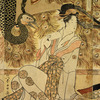 The oiran Hashitote, Ayakoshi, and Hanahito seated in a room on the wall of which a huge peacock is painted