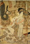 The oiran Hashitote, Ayakoshi, and Hanahito seated in a room on the wall of which a huge peacock is painted