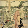 Group of people in the portico of a temple in the environs of Edo