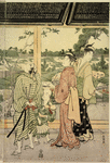 Group of people in the portico of a temple in the environs of Edo