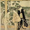 Group of people in the portico of a temple in the environs of Edo