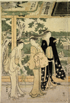 Group of people in the portico of a temple in the environs of Edo