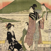 Ferry boat crossing the Sumida River at Mukojima, Fuji-san in the background