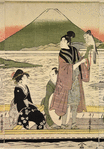 Ferry boat crossing the Sumida River at Mukojima, Fuji-san in the background