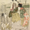 A young man and a group of salt water carriers on the sea shore