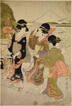Women on the sea shore opposite Enoshima
