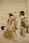 Women on the sea shore opposite Enoshima