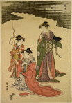 A young man and five women masquerading as the famous poets of the olden times. (Furyu Rokkasen)