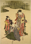 A young man and five women masquerading as the famous poets of the olden times. (Furyu Rokkasen)