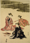 A young man and five women masquerading as the famous poets of the olden times. (Furyu Rokkasen)