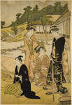 Group of women in a room in a palace, watching a monkey dance while a young man seated upon the floor directs the performance.  Behind them the shoji are pushed aside giving a view of the garden