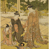 Group of women in a room in a palace, watching a monkey dance while a young man seated upon the floor directs the performance.  Behind them the shoji are pushed aside giving a view of the garden