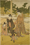 Group of women in a room in a palace, watching a monkey dance while a young man seated upon the floor directs the performance.  Behind them the shoji are pushed aside giving a view of the garden