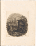 Mounted ink wash drawing of ruins and a cityscape, titled, “A Blot, by Smith of Wor[ceste]r” 