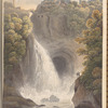 Mounted watercolor scene with waterfall, signed “M.T.”