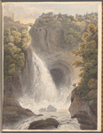 Mounted watercolor scene with waterfall, signed “M.T.”