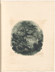 Mounted ink wash landscape with trees and footbridge