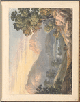 Mounted watercolor landscape with trees, lake and mountains, signed “M. Thornicraft 1822”